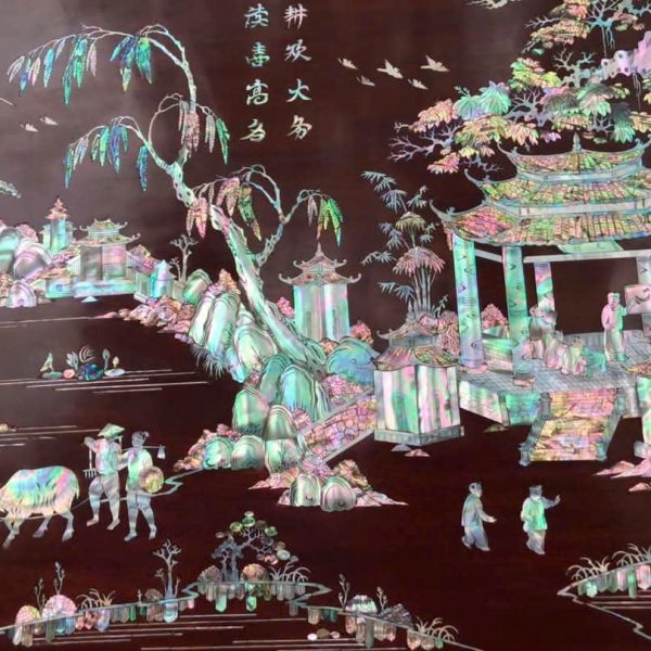 Tác phẩm tranh khảm cảnh đồng quê ốc xanh, đỏ giá 23tr